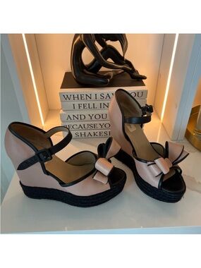 Valentino Garavani Pink and Black Bow Wedge Sandals